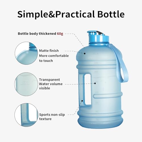 TOOFEEL 2.2 Liters Gym Big Sports Water Bottles for Men - Reusable BPA Free Plastic Clear Water Jug - Unique Water Bottles, Comfurtable to Touch and Easy to Clearn - Matte Light Blue Water Bottle - color: Matte Light Blue, style: 74 oz water bottle