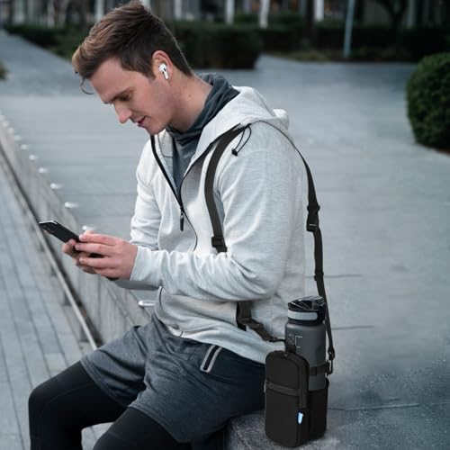 Xxerciz Water Bottle Carrier Bag with Phone Pocket Crossbody Sports Water Bottle Sling Pouch Holder with Adjustable Shoulder Strap, Universal Water Bottle Accessories for Walking Hiking