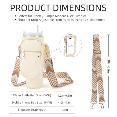 GOEWY Water Bottle Carrier Bag for Stanley Cup 40/30oz with Phone Pockets - color: Cream（Upgraded with Gift Box）, size: 40oz