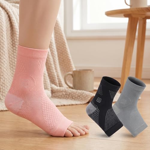 Breathable Knit Ankle Sleeve Wraps, Ankle Support Brace for Women & Men, Soft Lightweight Elastic Stabilizer for Running, Workout and Daily Activities (3 Pair/L/Black&Gray&Pink)