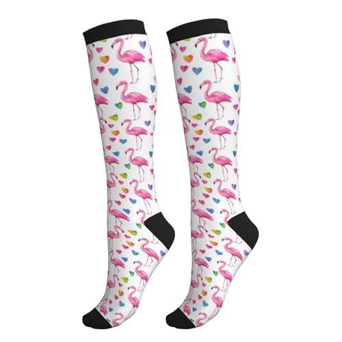 Compression Socks Women Knee High Support Circulation Stockings for Running Cycling Flying - color: Flamingo