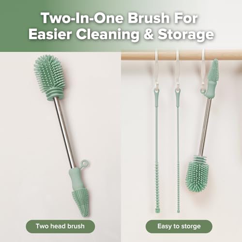 Haakaa Silicone Cleaning Brush Kit,Green,Portable Bottle Brush Cleaner - color: Pea Green, size: 3 Piece Set