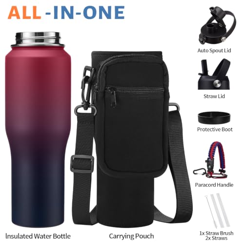 32 oz Insulated Water Bottle with Straw Lid - Pop-up Spout Lid, Carrier Bag - color: Gradient Claret, size: 32 Ounces