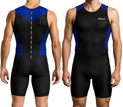 Wixen Men's Performance Triathlon Suit Sleeveless Tri Suit Padded Quick Dry Run Swim Bike - color: Blue, size: Small