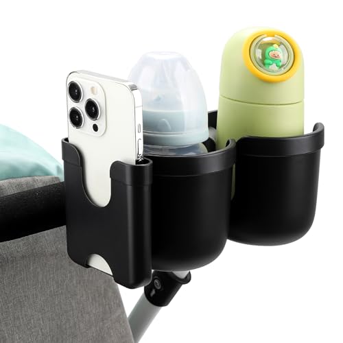 Accmor Stroller Cup Holder with Phone Holder, Bike Cup Holder, Walker Scooter Wheelchair Cup Holder Attachment, Universal Cup Holder for Uppababy Graco Strollers - color: Double Holder-All Black
