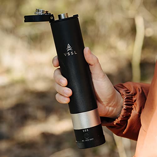 VSSL Insulated Flask with Light, 8 oz Double-Walled Vacuum Sealed Stainless Steel, Leak-Proof Drinking Cap, Split Flip Carabiner for Easy Attachment, Black