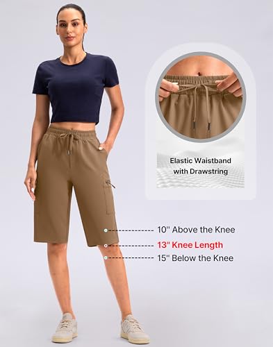 Viodia 13'' Women's Hiking Cargo Shorts Knee Length with Zipper Pockets - color: Dark Khaki, size: Large