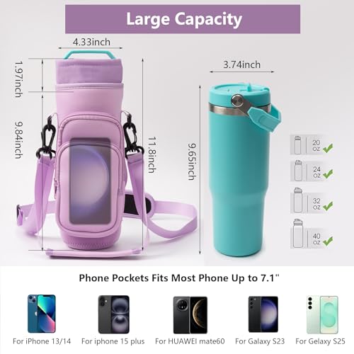 linmaya Water Bottle Carrier Bag,Water Bottle Holder with Straps Phone Pockets Fits Stanley IceFlow Owala 16/24/32/40oz Tumbler - color: Purple, size: 16-40 Oz wihtout Handle