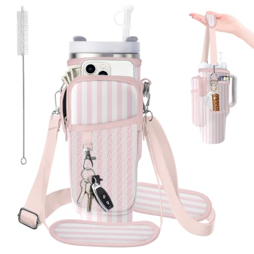 Water Bottle Carrier Bag for Stanley 40/30oz Cup Tumbler with Phone Pocket,Insulated Crossbody Water Bottle Holder with Adjustable Strap,Water Bottle Sling Pouch for Hiking Walking Camping Accessories - color: Pink Stripes