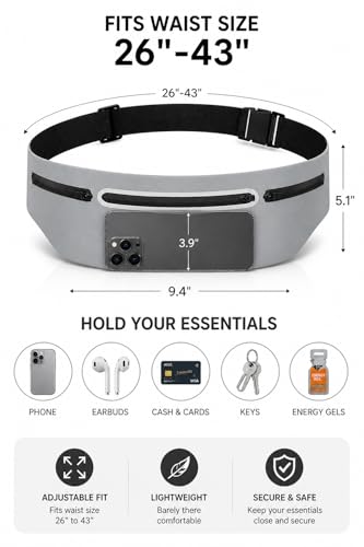 Slim No-Bounce Running Belt - Waterproof Exercise Waist Pack for Marathons, Hiking & Dog Walking - Hidden Travel Money Belt for Phones - color: Grey