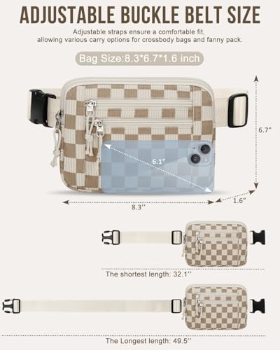 Capolo Fanny Packs for Women 4 Zip Pocket Crossbody Belt Bag Waist Bags - color: Khaki Square Grid, size: Large
