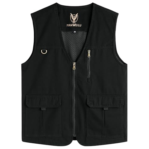 PRIJOUHE Mens Casual Cotton Vest Lightweight Outdoor Fishing Utility Vest - color: 04-black, size: Large
