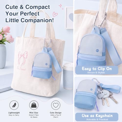 Babysun Mini Backpack Keychain Wristlet Pouch Small Change Coin Purse Cute Zipper Wallet With 3 RFID Card Slots For Women/Men Airpods Cosmetics - color: Grey Blue