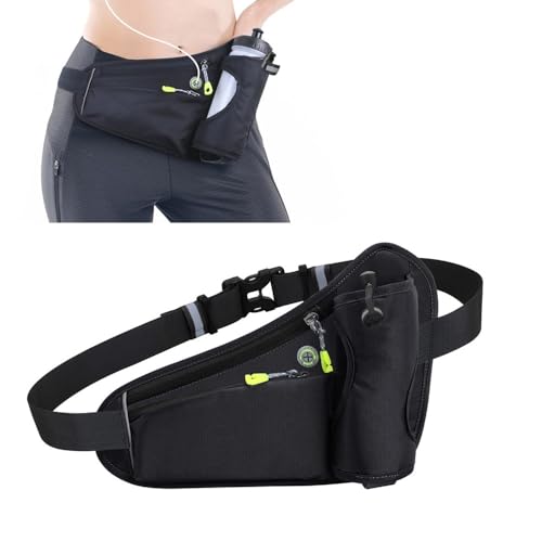 Water Bottle Waist Pack 2 Zippered Pockets – Reflective Running Belt for Hiking Cycling, Adjustable Breathable Mesh with Earphone Port(Black) - color: Black