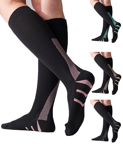 4 Pairs 20-30mmHg Compression Socks for Women Knee High Flying - color: Black Mix, size: Large-X-Large