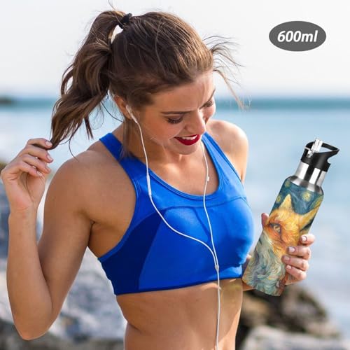 OTVEE Starry Night Fox Water Bottle Sports Water Bottle Insulated Stainless Steel Hot Cold Water Mug with Straw Lid & Handle for Sports Gym 20 oz - color: Starry Night Fox