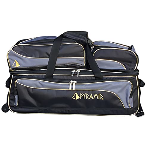 Pyramid Path Triple Tote Roller Plus Bowling Bag with Detachable Shoe Bag (Fits US Mens Size 15), Accessory and Side Pocket, Lightweight Travel Design - color: Black/Gold/Grey 24K Edition