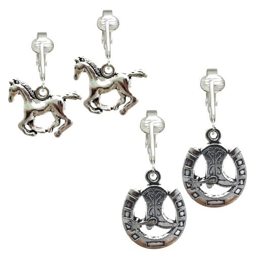 Aloha Earrings Bright & Fun Clip Earrings, Lightweight Stars, Owls, Eiffel Tower, Horse, Cowgirl, Hearts, Elephant, Kitty, Daisy Dangling Charm Designs for Clip Ears - color: Cowgirl Boots/Horse Set of 2
