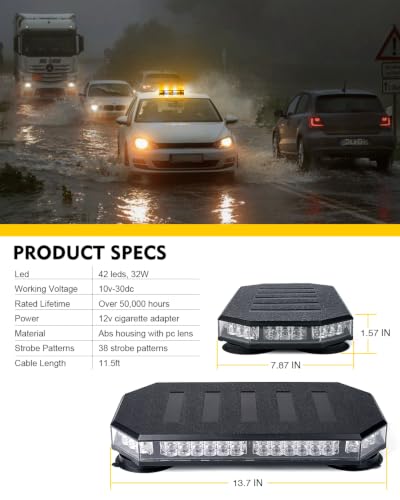 LUMENIX 42 LED Roof Top Strobe Beacon Light Bar Hazard Warning Emergency Flashing Plow Lights with Controller for Construction Vehicles Tow Trucks Postal Cars Snowplow Amber White (Patent Design) - color: White Amber