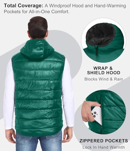 Mapamyumco Men's Hooded Puffer Vest Waterproof Lightweight Quilted - color: Dark Green, size: Medium