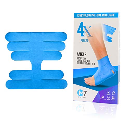M7 Sport Kinesiology Ankle Tape for Ankle Sprain and Injury Recovery, Pain Relief Therapeutic Tape, Ankle Brace Compression Support, Plantar Fasciitis, Waterproof, Eases Swelling (Blue, 4-Pack) - color: Blue