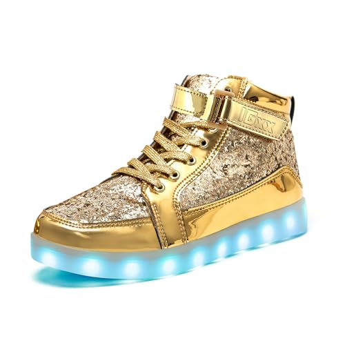 IGxx LED Light Up Shoes for Men Women Sparkly Sneakers High Top - color: Glitter Gold, size: 5 Women/5.5 Men