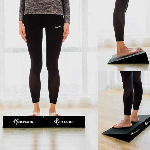 StrongTek 13" Large Yoga Foam Wedges (Pair) & Adjustable Wooden Slant Board Bundle – Ideal for Calf Stretch, Physical Therapy, and Stability Exercises