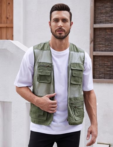 Gihuo Men's Utility Vest Fishing Safari Vest Summer Travel Vest with Pockets - color: Green, size: Small