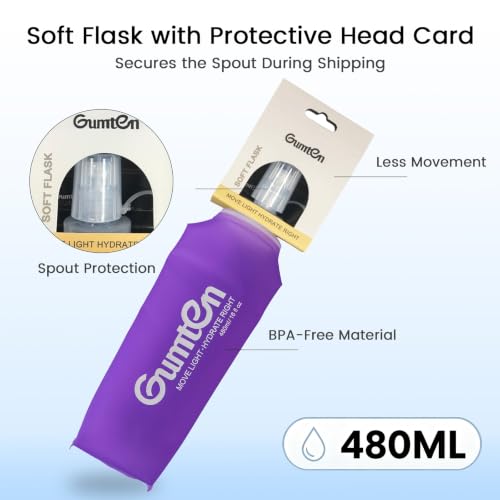 Soft Flask 480ml TPU Soft Water Bottle BPA-Free Collapsible for Hydration Pack Running Vest Jogging Hiking Cycling Camping (Purple) - color: Purple