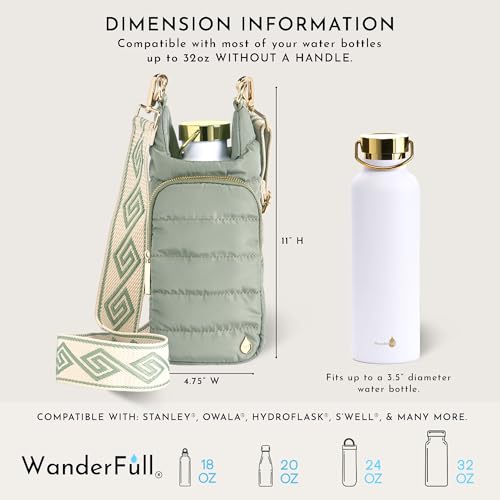 WanderFull Original HydroBag Crossbody Water Bottle Holder with Phone Pocket, Fits Water Bottles up to 32 oz - color: Sage Green - Patterned Strap