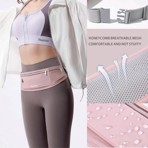 Running Belt for Women & Men - Slim Phone running belt with Water-Resistant Phone Holder, 3 pockets Adjustable Waist Strap, Reflective Safety Design for Running, Hiking, Travel，Fitness (Pink) - color: Pink