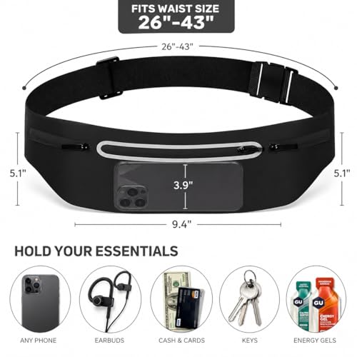 Slim No-Bounce Running Belt - Waterproof Exercise Waist Pack for Marathons, Hiking & Dog Walking - Hidden Travel Money Belt for Phones - color: Black