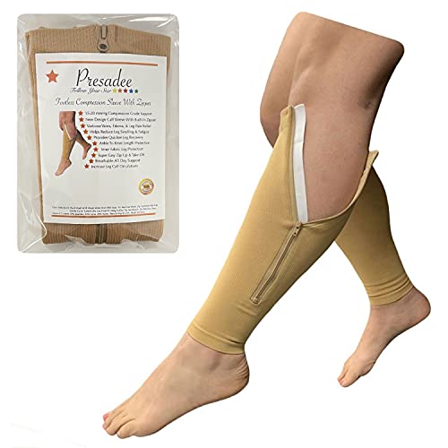 Presadee Calf Zipper 15-20 mmHg Compression Leg Circulation Fatigue Shin Sleeve (Beige, S/M) - color: Beige, size: Small/Medium (Pack of 1)
