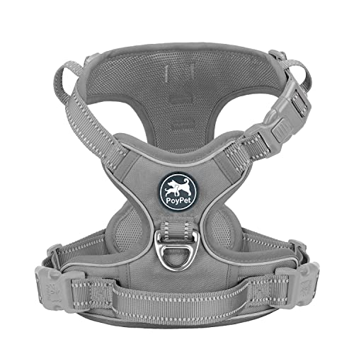 PoyPet No Pull Dog Harness, Reflective Vest with 2 Leash Clips & Handle - color: Grey(Matching Trim), size: S