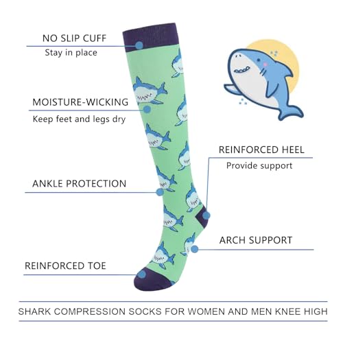 Junely Compression Socks for Women Knee High Stockings Funny Cute - color: A05shark