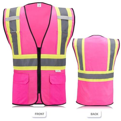 High Visibility Reflective Safety Vest with Zipper and Pockets Pink,L - color: Pink, size: Large