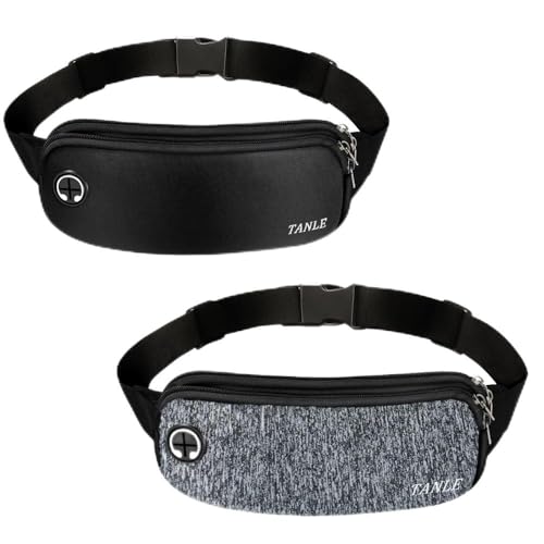 2PCS Waterproof Fanny Pack Waist Bag, Slim Sport Hip Pouch Bum Bag with Headphone Hole & Adjustable Strap, Lightweight Fannypack for Running Hiking Travel Women Men
