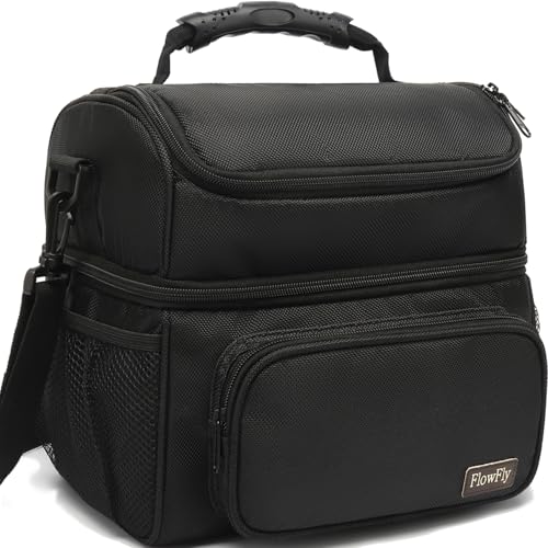 FlowFly Double Layer Cooler Insulated Lunch Bag Adult Lunch Box Large Tote Bag for Men, Women, With Adjustable Strap,Front Pocket and Dual Large Mesh Side Pockets - color: Black