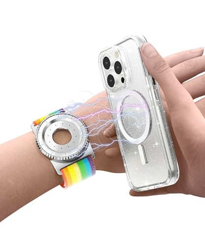 BAISRKE Magnetic Running Armband for MagSafe Case - 360° Rotatable Phone Grip with Adjustable Scent Compartment & Detachable Lanyard Compatible iPhone/Android (Rainbow & Silvery) - color: Rainbow&Silver, size: XL (fits Wrist/Armband up to 15")