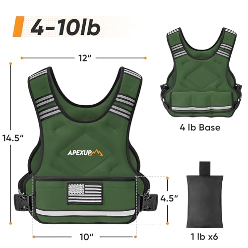 APEXUP Adjustable Weighted Vest, 4-10lb/12-18lb/20-32lb Vest with 6 Ironsand Weights and Large Pocket, Weight Vest for Men Women Strength Training, Running, Walking - color: Green, size: 4-10lbs
