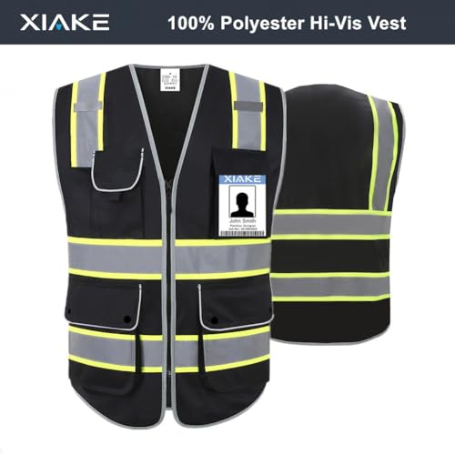 XIAKE Reflective Safety Vest for Men & Women High Visibility Class 2 Vest with Pockets Meets ANSI Standards - color: Black Yellow Trim, size: Medium