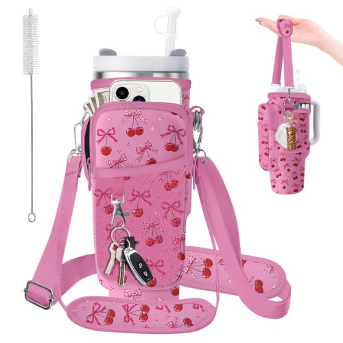 Water Bottle Carrier Bag for Stanley 40/30oz Cup Tumbler with Phone Pocket,Insulated Crossbody Water Bottle Holder with Adjustable Strap,Water Bottle Sling Pouch for Hiking Walking Camping Accessories - color: Pink Cherry Bow