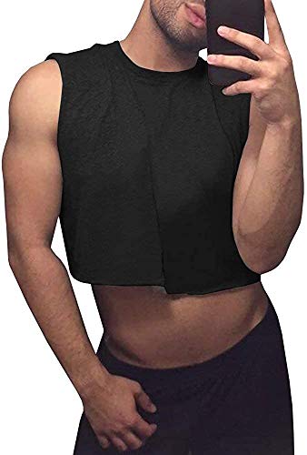 Mens Cropped Tank Top Lightweight Vest Sleeveless Hot Shirts - color: Black, size: Medium