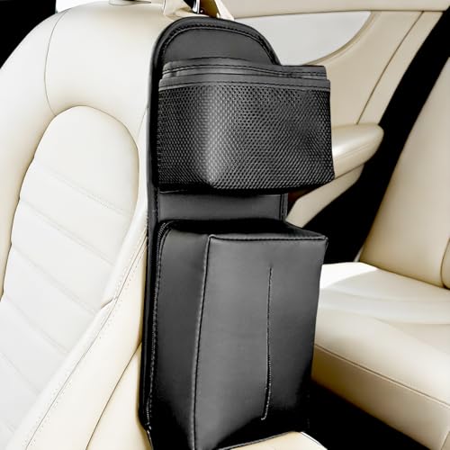 2 in 1 Car Seat Side Cup Holder, Multifunctional Vehicle Hanging Water Bottle Tissue Holder Bag with Adjustable Strap, Auto Interior Seat Side Organizer, Universal for SUV RV Truck