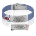 Divoti Custom Dual-Sided Engraved Silicone Medical Alert ID Wristband w/Security Clasp & Trim-to-Fit Band - Style - color: Carmella Blue / Brushed Stainless Silver / Red, size: Band Width - 13mm
