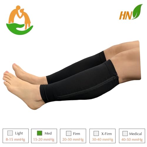 HealthyNees Seniors Care Footless 15-20 mmHg Compression Shin Calf Leg Men Women 1 Pair Zipper Sleeves (Black, Small-Medium) - color: Black, size: Small-Medium
