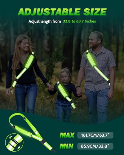 Fitense LED Reflective Belt Sash - 5 Lights Colors & 3 Light Modes High Visibility Night Safety Belt, Rechargeable Light Up Running Gear Adjustable Vest Straps for Runners Walkers Men Women - color: Green, style: Pouch