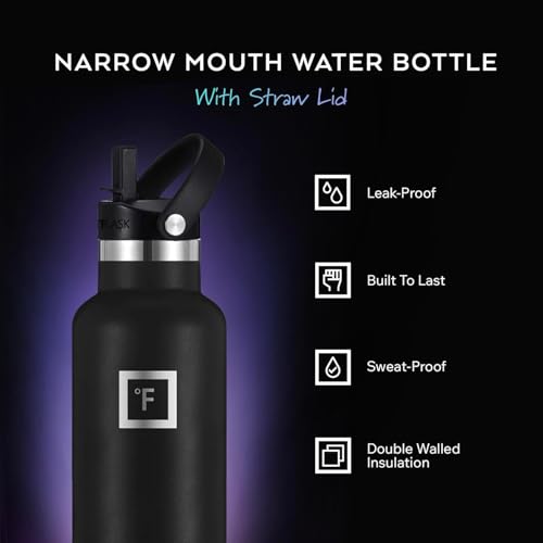 IRON °FLASK 24 oz Narrow Mouth Water Bottle with Straw - color: Midnight Black