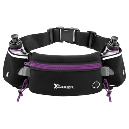 Number-one Running Belt with Water Bottles(2 x 175ML), Hydration Belt Waterproof Waist Pack Bag Fits iPhones Adjustable Sports Waist Pouch for Marathon Running Hiking Cycling, Purple