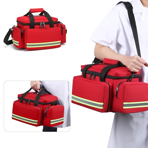 First Aid Bag Empty First Responder Bag,First Aid Kits Storage,Trauma Bag with Detachable Dividers, Medical Bag for Nurses,Ideal for EMT, EMS,Paramedics,Home Health Care(Bag Only) - color: Red